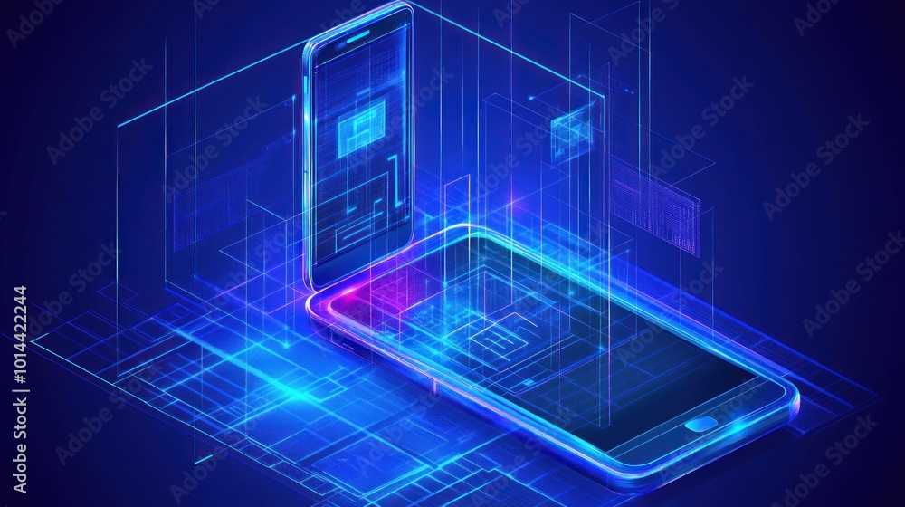 Poster a digital illustration of smartphones with glowing lines and abstract data patterns.