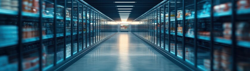 Fototapeta premium Aisle in a modern warehouse with organized shelves and glowing lights, conveying efficiency and storage solutions.