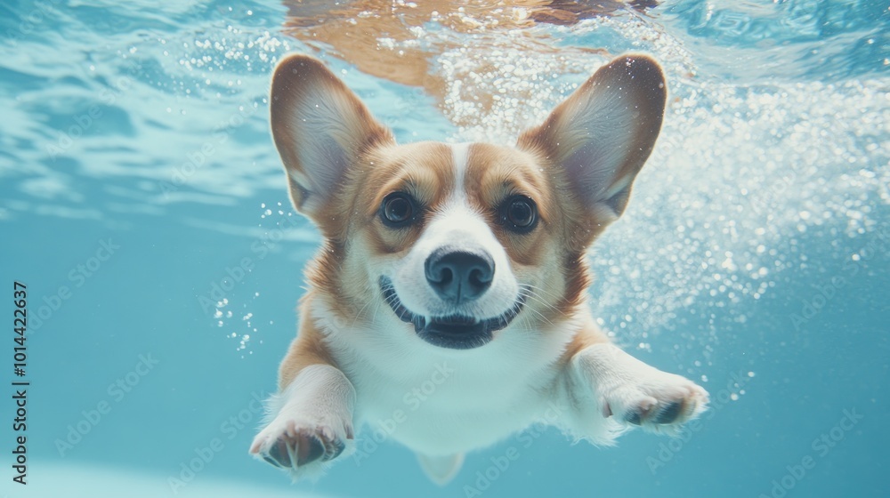 Canvas Prints A cheerful corgi swimming underwater, showcasing its playful nature.