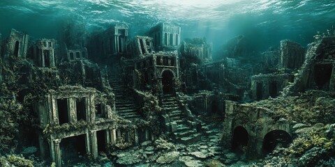 Obraz premium An underwater cityscape with buildings overgrown by algae, sunlight shining through the turquoise water.