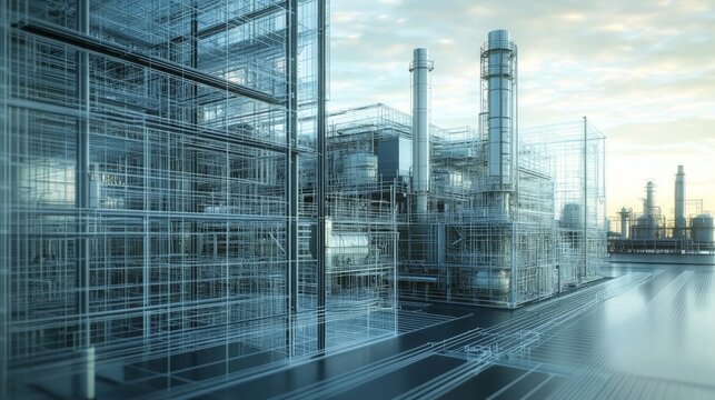 Industrial Blueprint, a complex network of transparent structural lines depicting a futuristic power plant, highlighting intricate pipelines and towering smokestacks against a cloudy sky.