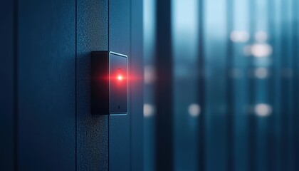 Close-up of a modern access control system with a red light indicator on a dark background.