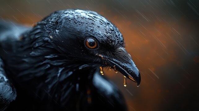 Close-up of a raven with droplets on feathers, showcasing rich details and intense gaze against a blurred background.