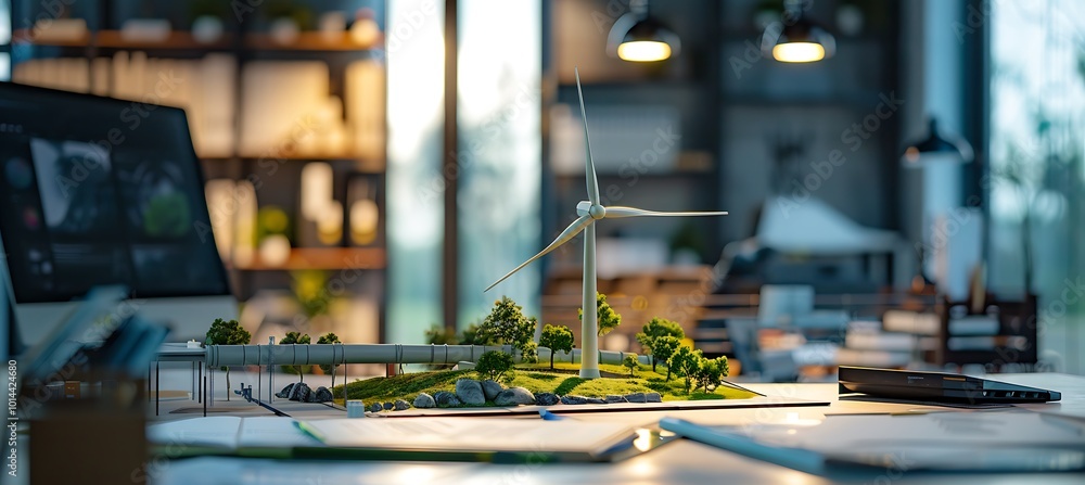 Poster innovative windmill turbine prototype model positioned on a table, highlighting the intersection of 