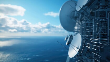 Communication technology installation with satellite dishes against a blue sky, ideal for digital connectivity themes.