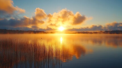 Obraz premium Golden sunrise reflecting on the calm water of a lake, with fog rolling in over the trees in the distance.