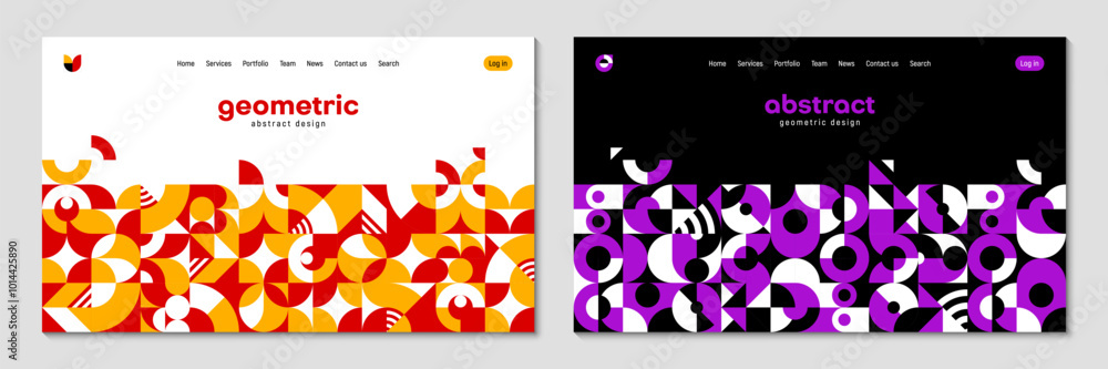 Aufkleber Landing page templates with abstract geometric elements and shapes, vector backgrounds. Landing page and website templates with menu webpage buttons and user login layout in mosaic pattern elements