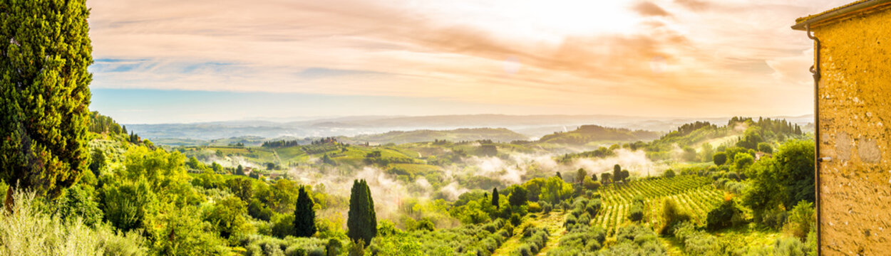 Fototapeta Panoramic view at the nature near San Gimignano in Italy, Tuscany