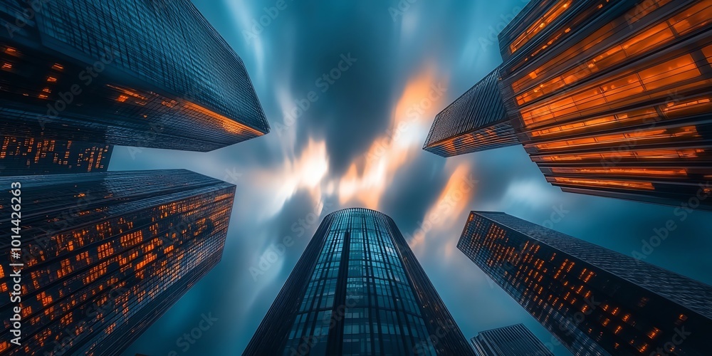 Aufkleber low angle view of skyscrapers at dusk with glowing windows.