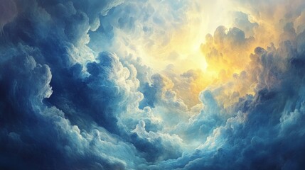 Vibrant Skies, a stunning display of swirling blue and golden clouds signaling dawn, capturing the interplay of light and atmosphere in a serene landscape.