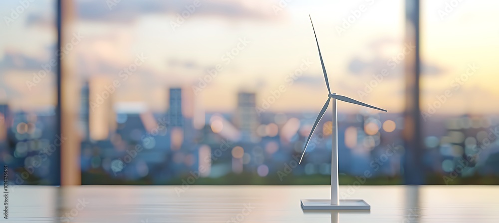 Poster innovative windmill turbine prototype model positioned on a table, highlighting the intersection of 