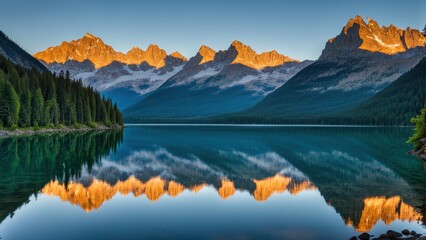 Fototapeta premium Serene mountain landscape reflected in calm waters at sunrise.