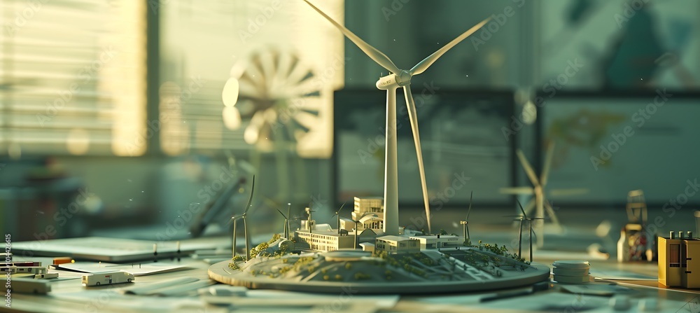 Poster innovative windmill turbine prototype model positioned on a table, highlighting the intersection of 