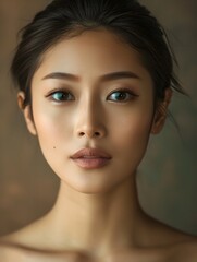Naklejka premium Elegant graceful Asian woman with smooth glowing complexion in minimalist textured setting