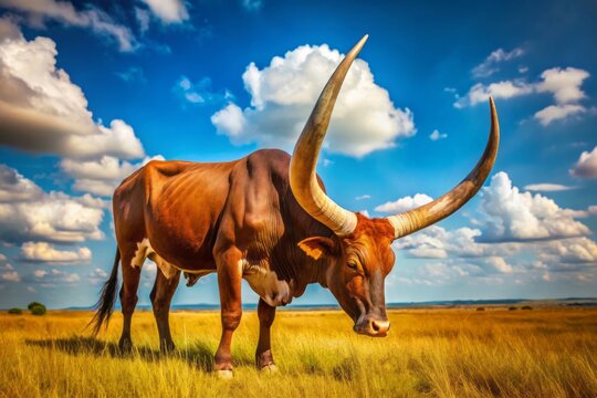 In the African savanna, a majestic Ankole Watusi longhorn bull grazes serenely, framed by a brilliant blue sky,