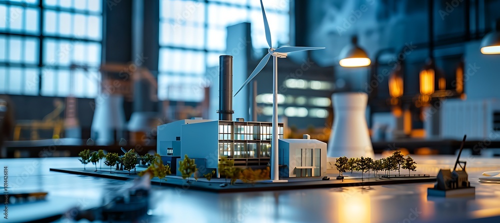 Poster prototype model of a windmill turbine resting on a table, emphasizing advanced design features and t