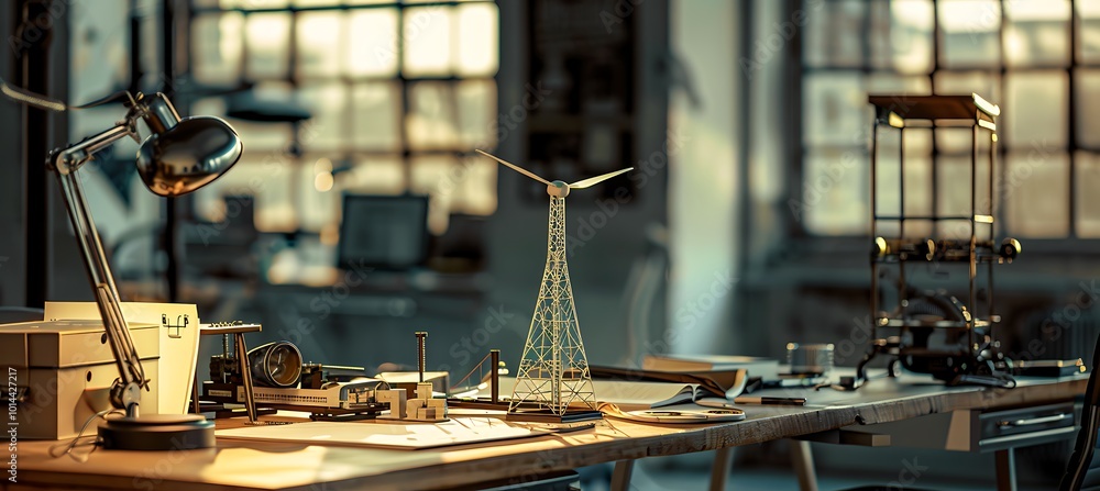 Poster a scale model of a windmill turbine placed on a table, illustrating modern engineering principles an