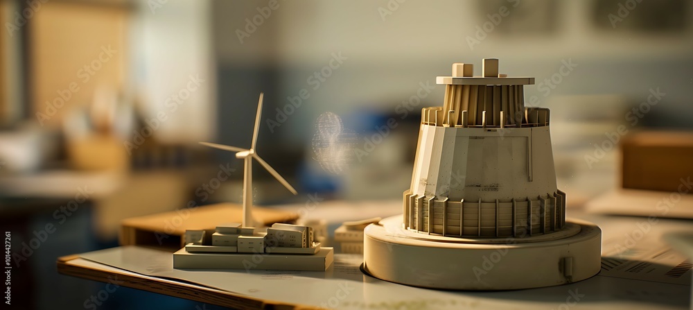 Poster a scale model of a windmill turbine placed on a table, illustrating modern engineering principles an