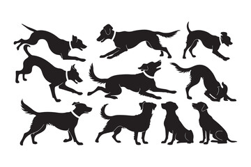 set of vector art silhouettes of dogs on a white background