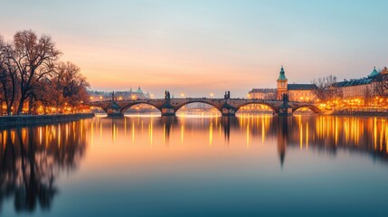 Naklejka premium Scenic view of a bridge at sunset with reflections on water, surrounded by warm glowing lights.