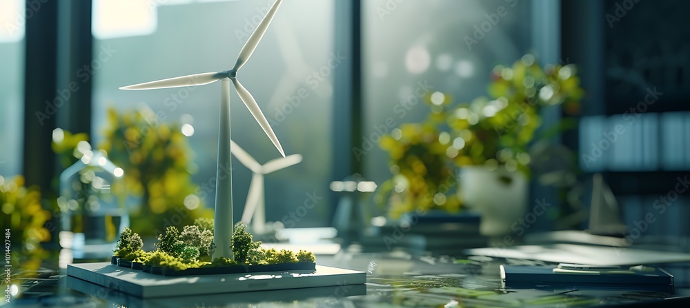 Poster detailed prototype model of a windmill turbine displayed on a table, showcasing innovative design an