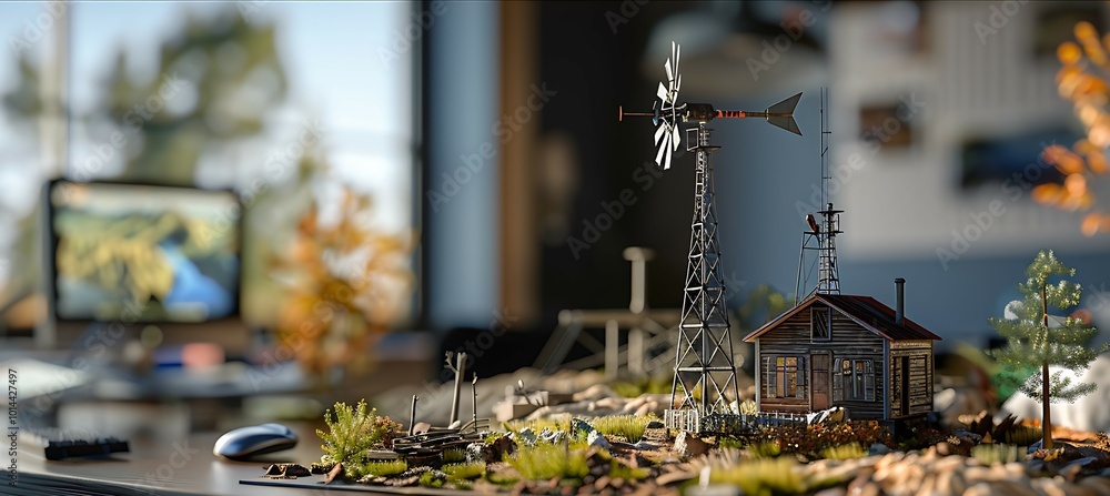 Poster detailed prototype model of a windmill turbine displayed on a table, showcasing innovative design an
