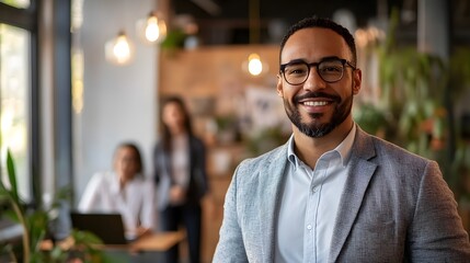 Fototapeta premium Portrait of a Smiling Man in a Grey Blazer and Glasses