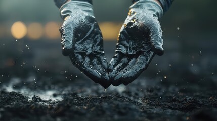 Naklejka premium Hands with soil, droplets of water creating a nurturing environment, focused on nature's connection and sustainability.
