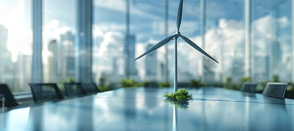 Poster detailed prototype model of a windmill turbine displayed on a table, showcasing innovative design an