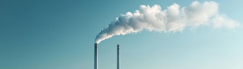 Industrial smokestacks emitting smoke against a clear blue sky.