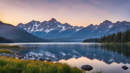 Serene mountain landscape reflecting in a calm lake at sunrise.