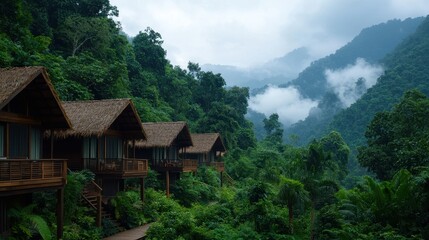 Serene mountain retreat with wooden cabins surrounded by lush green forests and misty mountains in the background.