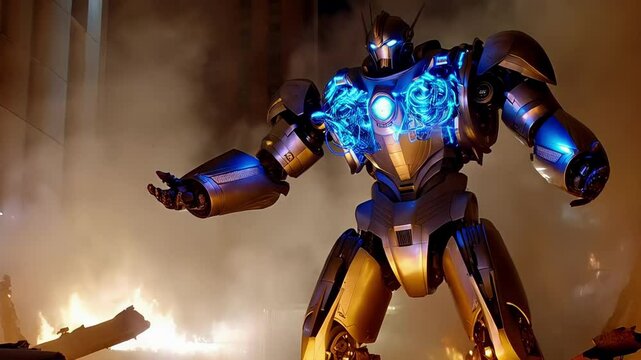 Giant robot emerges from flames in futuristic cityscape battle at night