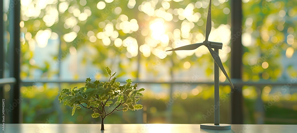 Poster a scale model of a windmill turbine positioned on a table, illustrating its unique structure and the