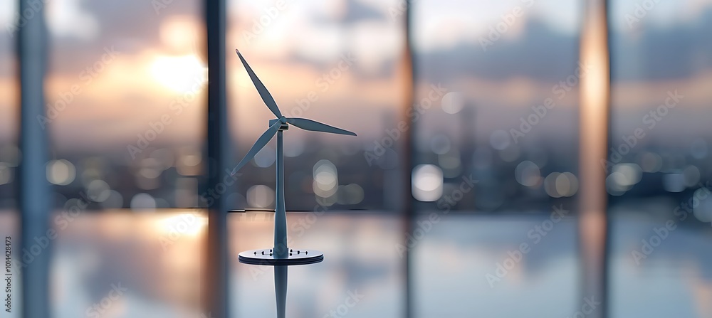Poster a scale model of a windmill turbine positioned on a table, illustrating its unique structure and the