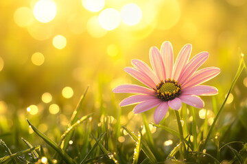 A delicate pink daisy blooming in dewy grass, illuminated by the sun, with a blurred golden background and soft focus for an artistic touch - Powered by Adobe