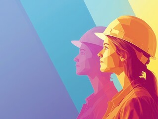 Portrait of a confident woman engineer wearing a hard hat, colorful geometric background.