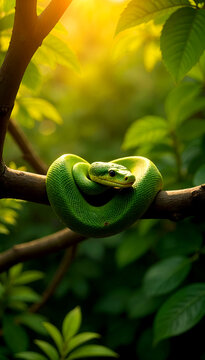 green snake in the tree branch in a garden