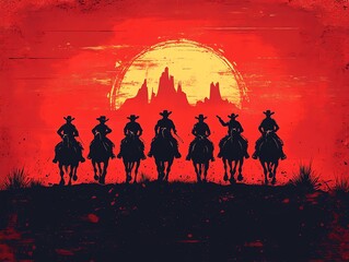 Naklejka premium Silhouettes of cowboys riding horses against a red sunset with a yellow sun.
