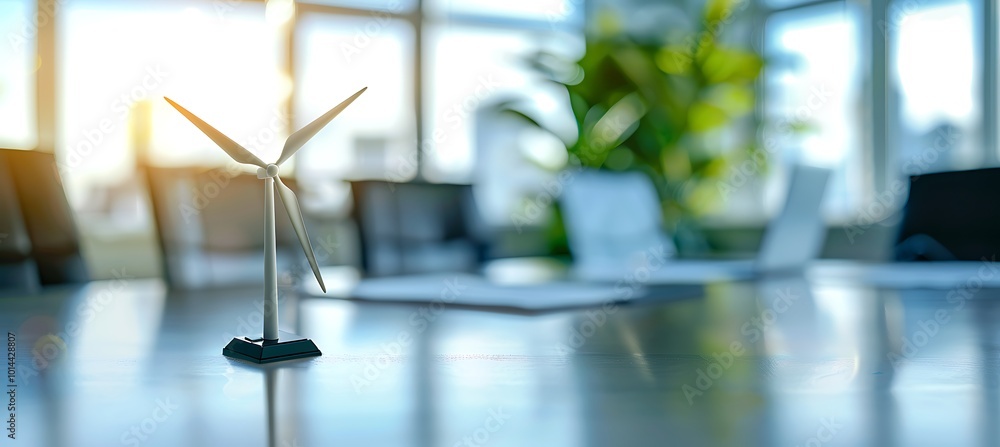Poster an intricate prototype windmill turbine model resting on a table, highlighting its innovative design