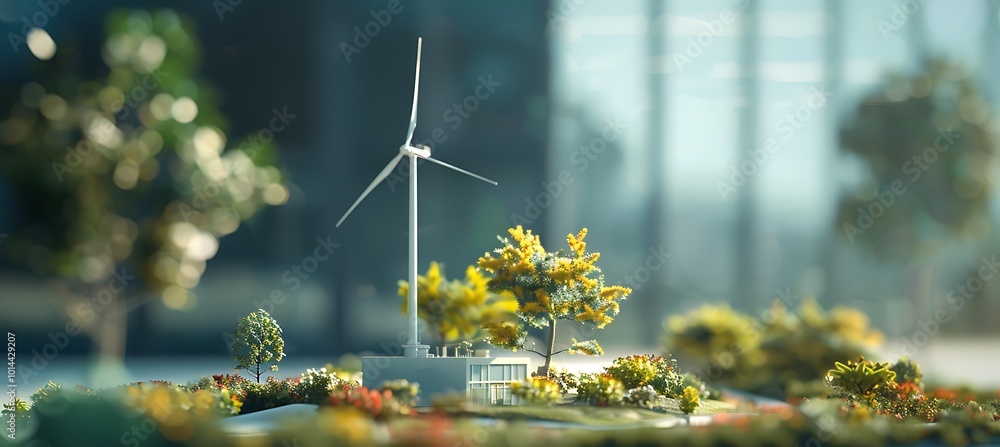 Poster a detailed prototype model of a wind turbine displayed prominently on a wooden table, showcasing its