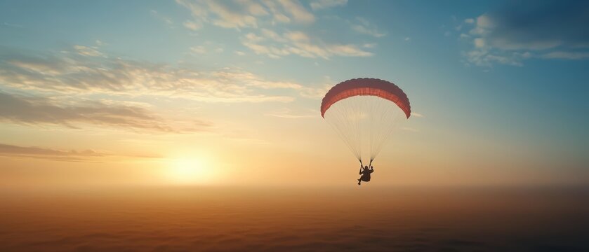 Person paragliding against a vibrant sunset sky with soft clouds in the background.