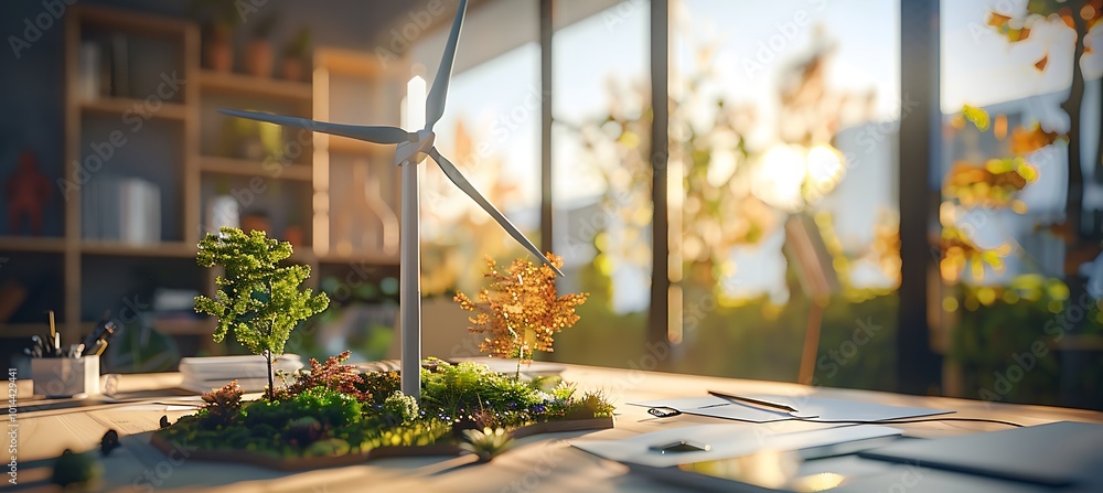 Poster a detailed prototype model of a wind turbine displayed prominently on a wooden table, showcasing its