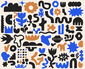 Big set abstract organic colored shapes with geometric cutting doodles. Template trendy random figures. Vector Cut Paper Collage Figures in Black, blue, orange color for patterns, stickers.