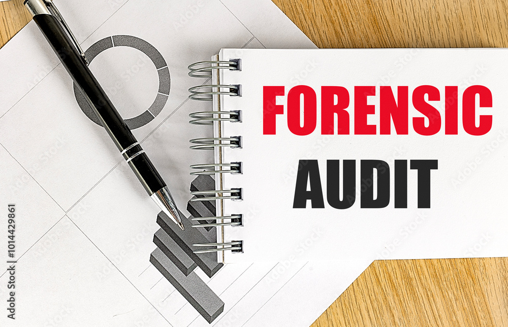 Aufkleber notebook with the text forensic audit on a wooden desk with financial charts and a black pen