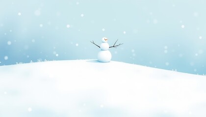 Cheerful snowman with stick arms standing on a snowy hill in a playful winter landscape, copy space