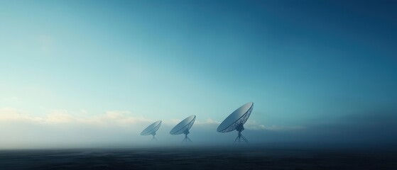 Obraz premium Satellite dishes standing in a misty landscape under a blue sky.