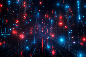 Obraz premium A smart city illuminated by glowing blue and red light trails at night, showcasing big data technology and urban innovation