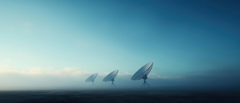Satellite dishes standing in a misty landscape under a blue sky.