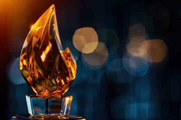 A close-up of a crystal award shaped like a flame, representing recognition for exceptional performance, with subtle reflections of office lights.